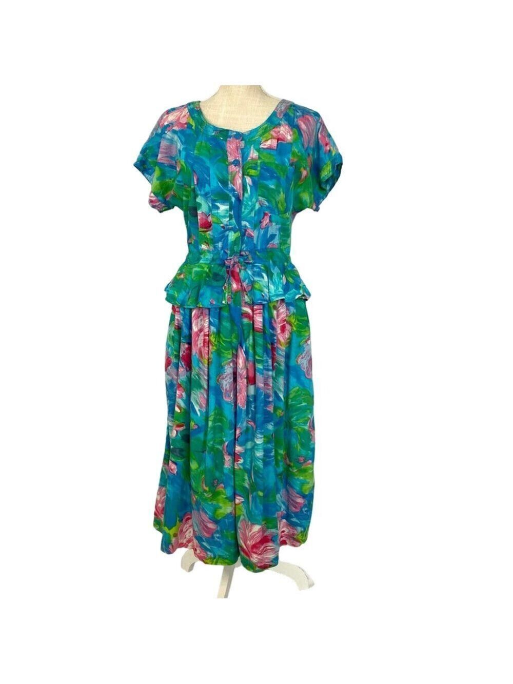 Vintage 80s Tropical Dress by Phool Floral Ruffles Women's Sz L or M